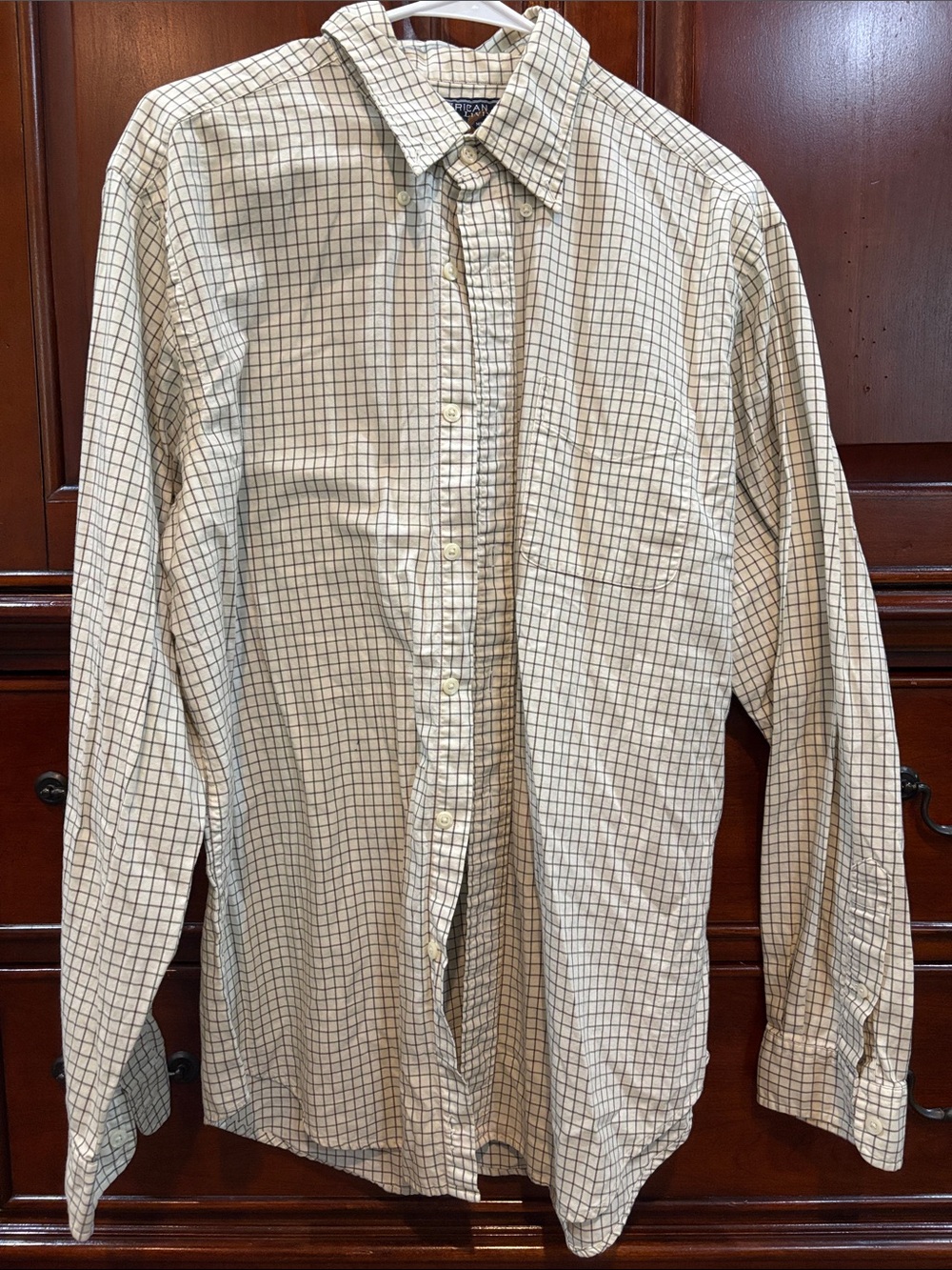 American Living Men's Button-Down Shirt in Cream with Brown Windowpane
